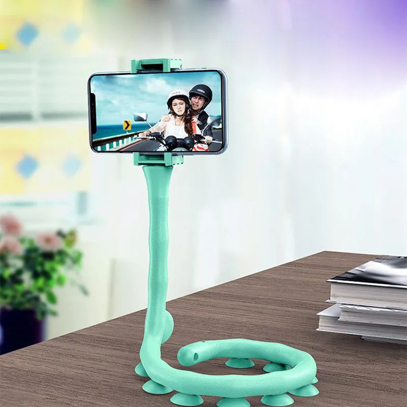 Black flexible rubber lazy bracket phone holder with suction cup base extended to show 62cm length.