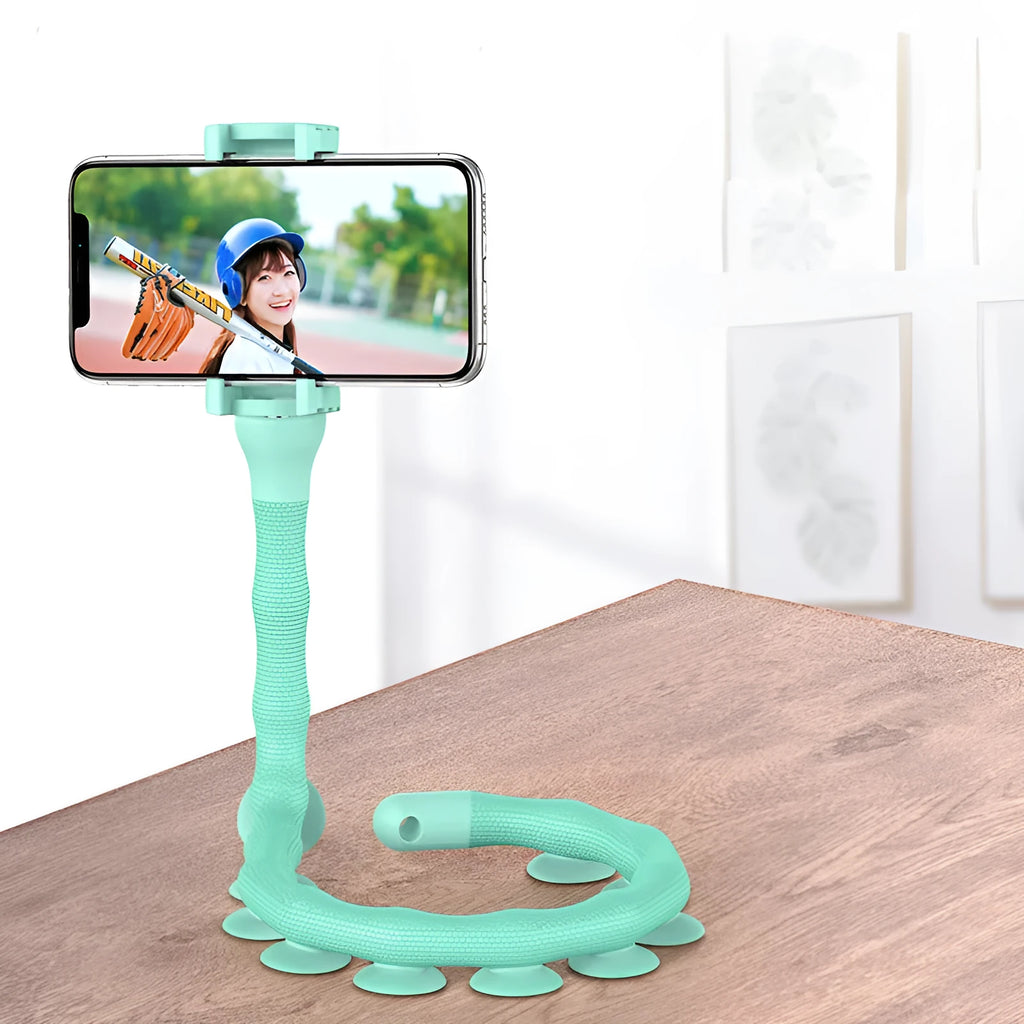 Black flexible rubber lazy bracket phone holder with suction cup base extended to show 62cm length.