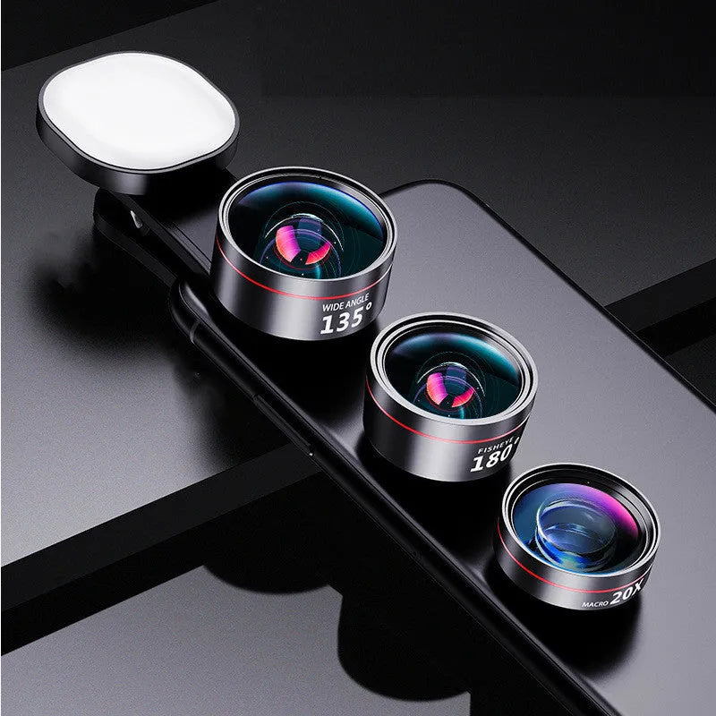 Universal smartphone fill light camera lens kit with wide angle macro and fish eye options