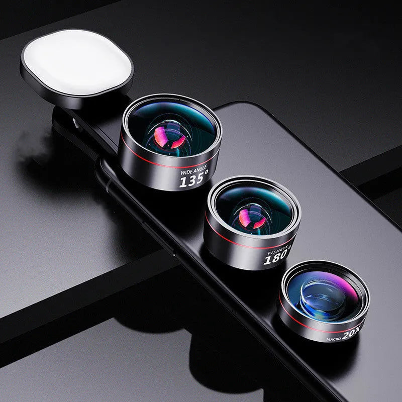 Universal smartphone fill light camera lens kit with wide angle macro and fish eye options
