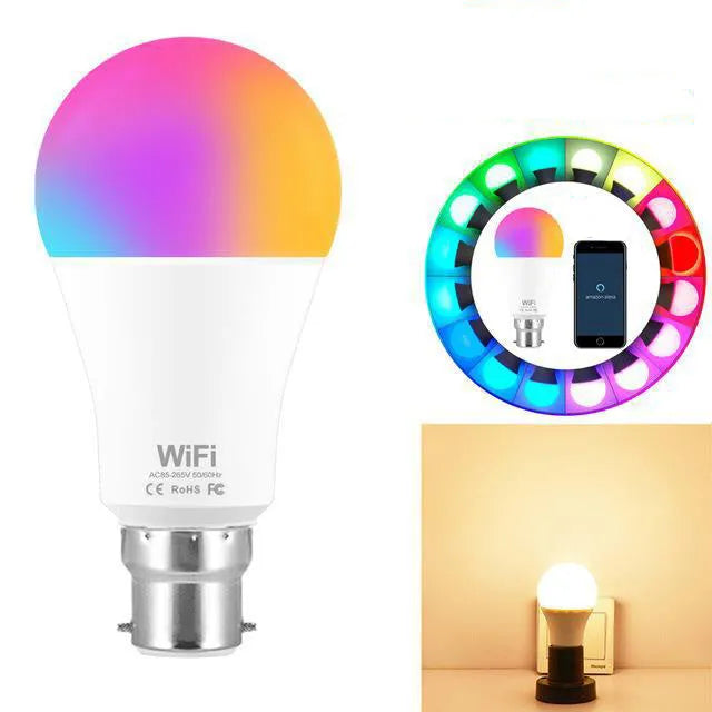 15W WiFi smart light bulb with E27 and B22 base options for RGB and white lighting