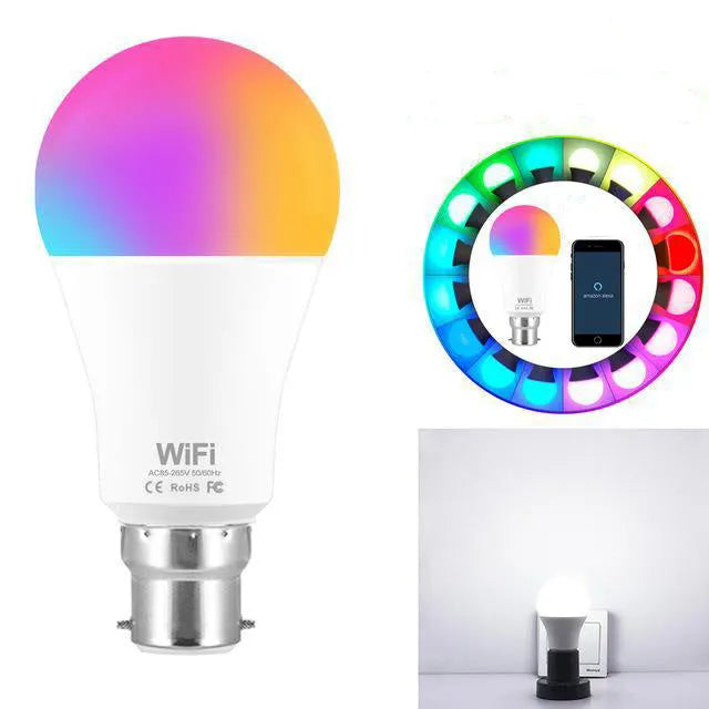 15W WiFi smart light bulb with E27 and B22 base options for RGB and white lighting