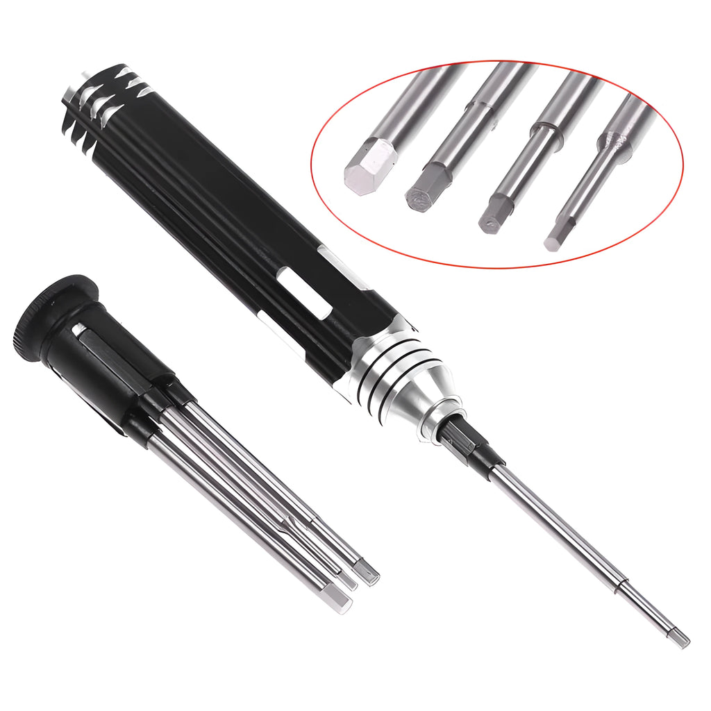 Four-piece hexagon socket screwdriver set with four separate bits and aluminium handle for aeromodelling