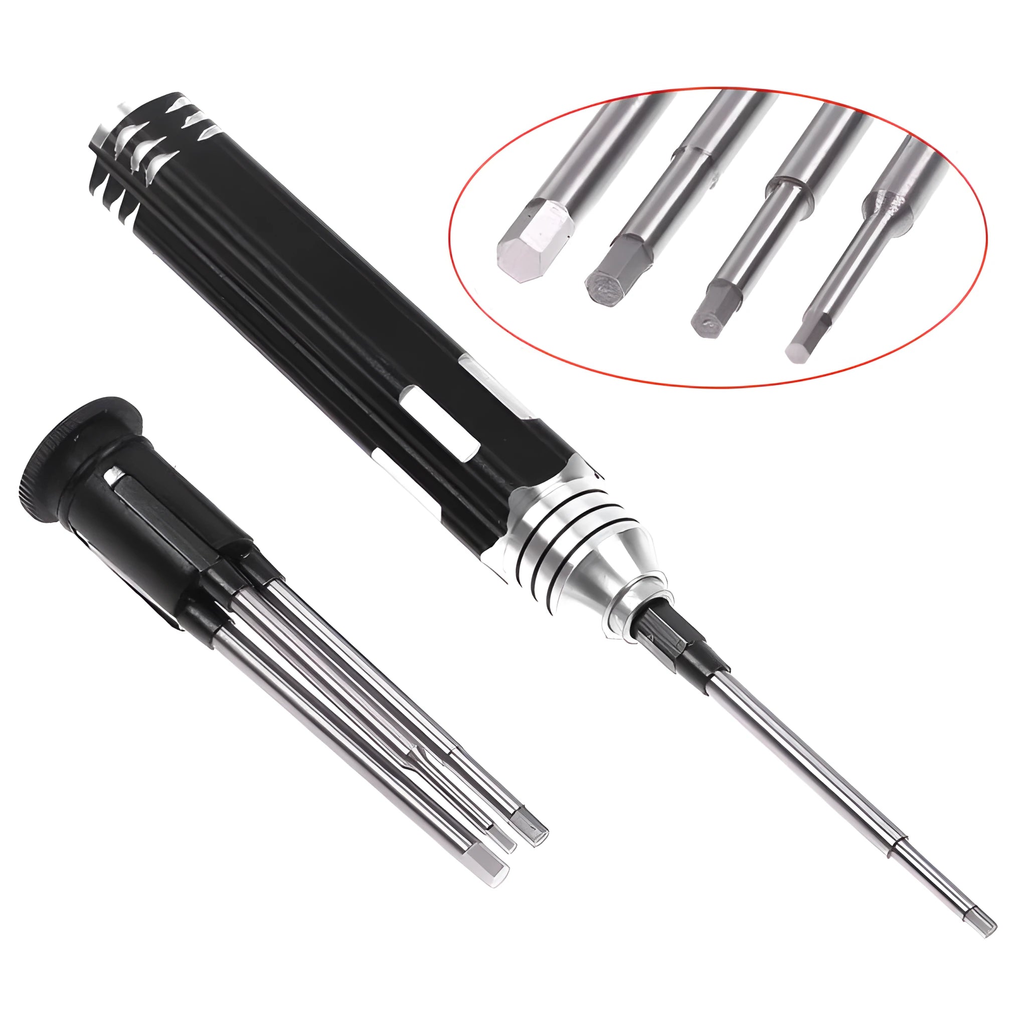 Four-piece hexagon socket screwdriver set with four separate bits and aluminium handle for aeromodelling