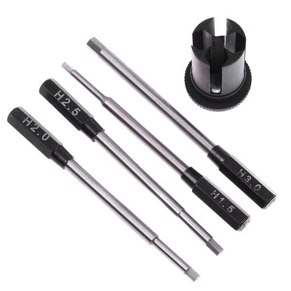 Four-piece hexagon socket screwdriver set with four separate bits and aluminium handle for aeromodelling