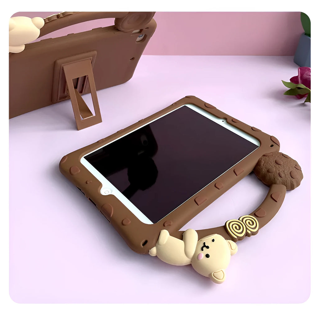 Brown cartoon silicone tablet sleeve with bracket stand for iPad Air and Mini