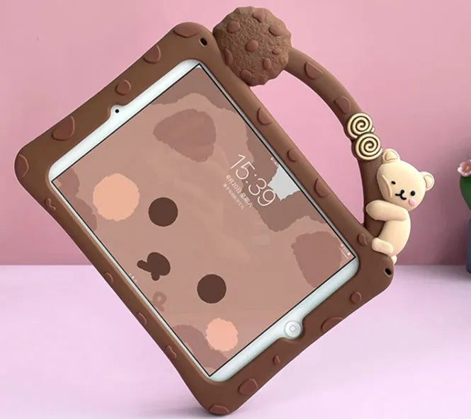 Brown cartoon silicone tablet sleeve with bracket stand for iPad Air and Mini