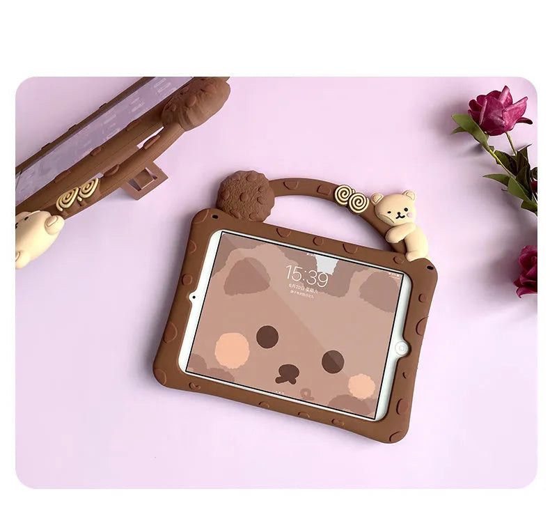 Brown cartoon silicone tablet sleeve with bracket stand for iPad Air and Mini