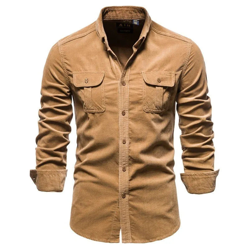 Men's casual linen longsleeve shirt shown in multiple colour options with size label