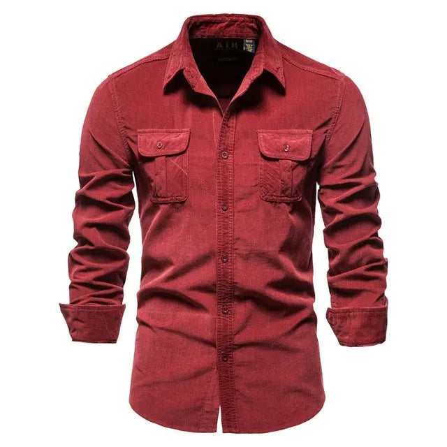 Men's casual linen longsleeve shirt shown in multiple colour options with size label