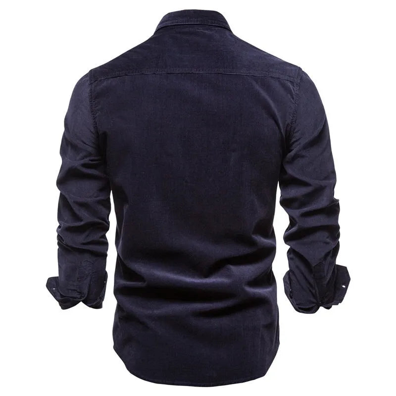 Men's casual linen longsleeve shirt shown in multiple colour options with size label