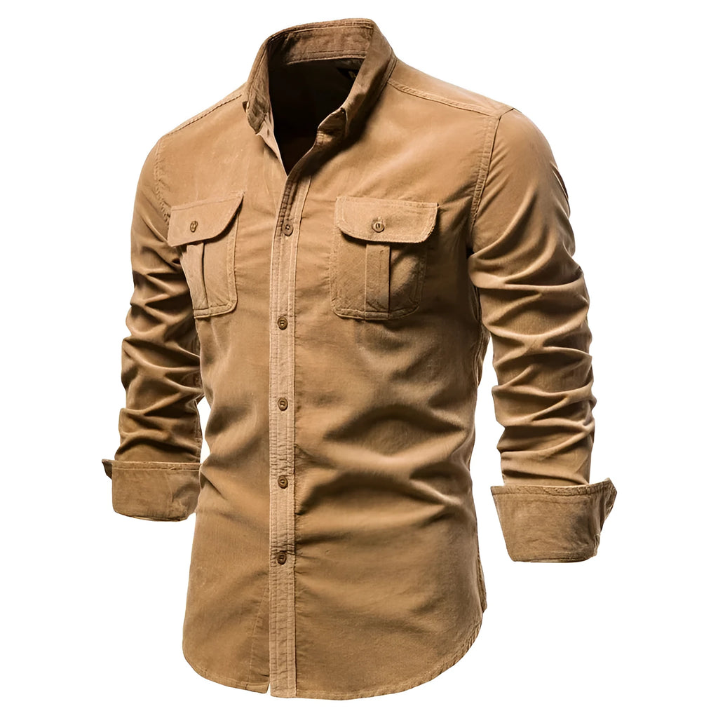 Men's casual linen longsleeve shirt shown in multiple colour options with size label
