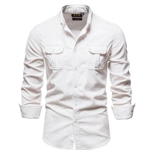 Men's casual linen longsleeve shirt shown in multiple colour options with size label