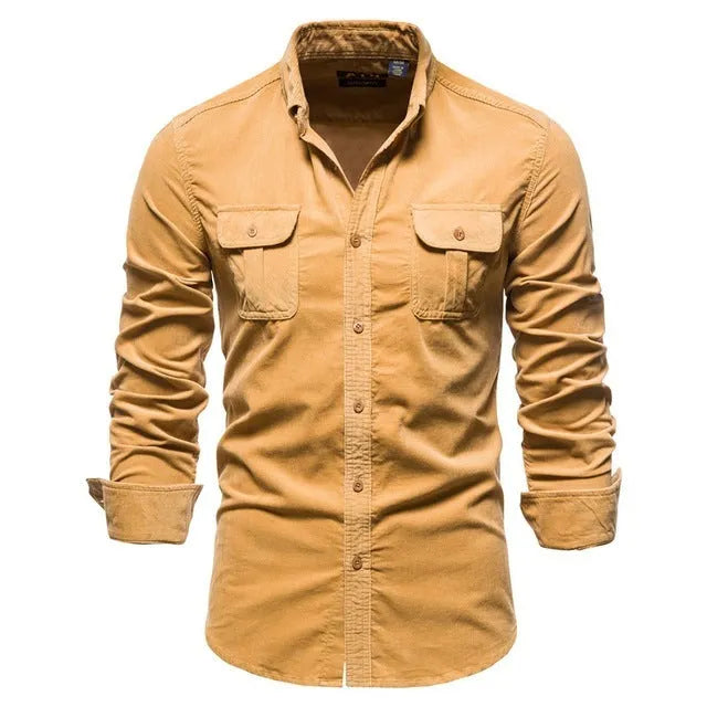 Men's casual linen longsleeve shirt shown in multiple colour options with size label