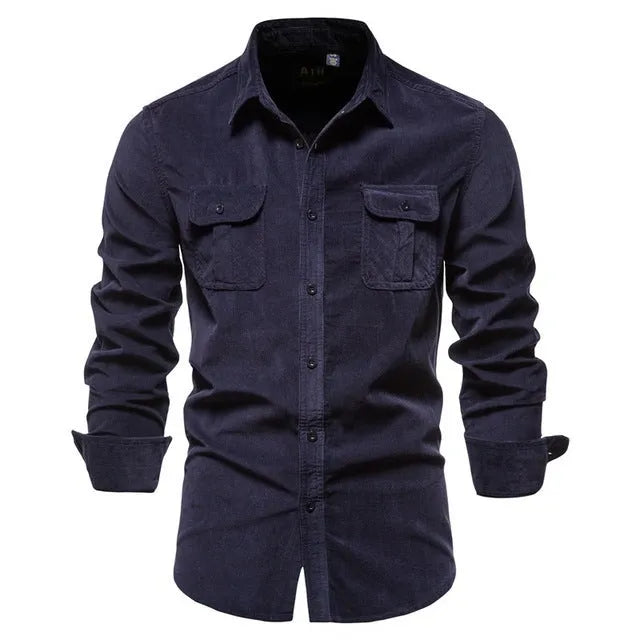 Men's casual linen longsleeve shirt shown in multiple colour options with size label
