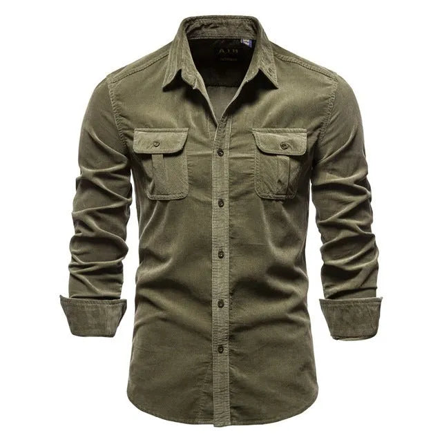 Men's casual linen longsleeve shirt shown in multiple colour options with size label