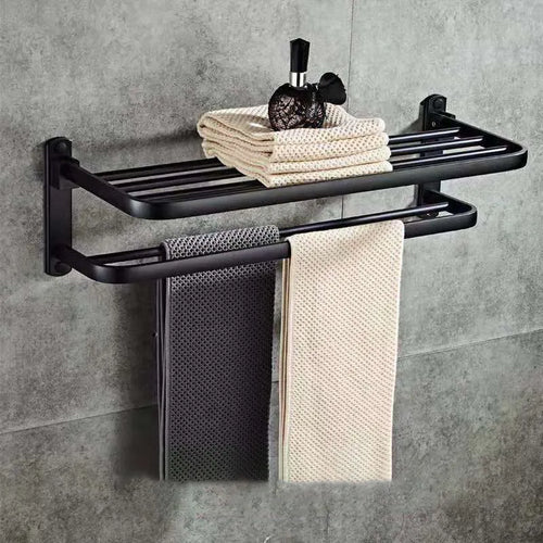 Aluminium two-layer bathroom folding shelf with perforated towel rack and hooks
