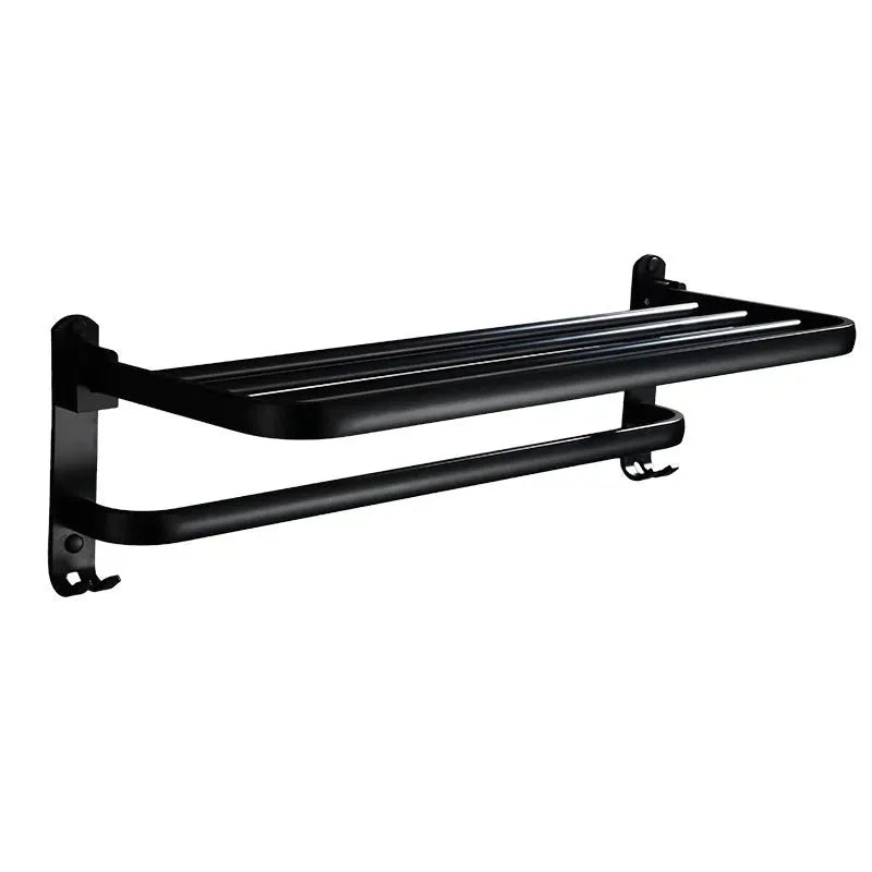 Aluminium two-layer bathroom folding shelf with perforated towel rack and hooks