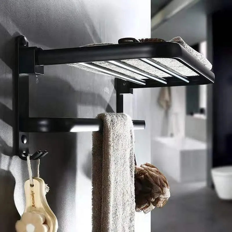 Aluminium two-layer bathroom folding shelf with perforated towel rack and hooks
