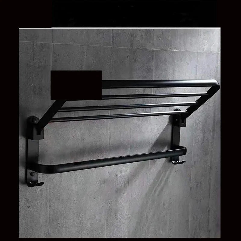 Aluminium two-layer bathroom folding shelf with perforated towel rack and hooks