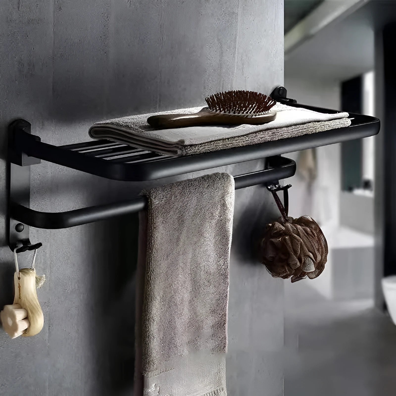 Aluminium two-layer bathroom folding shelf with perforated towel rack and hooks
