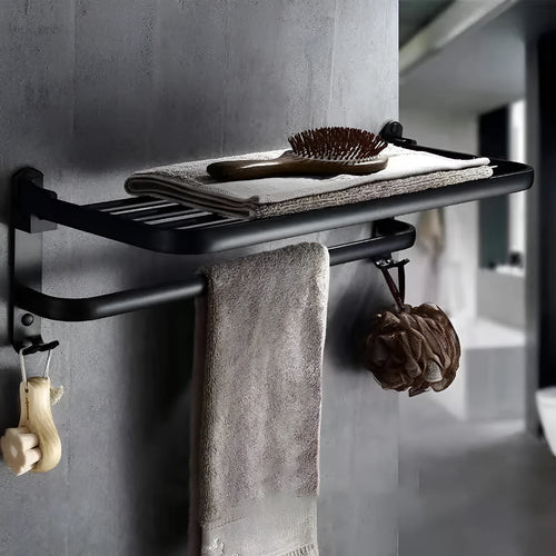 Aluminium two-layer bathroom folding shelf with perforated towel rack and hooks