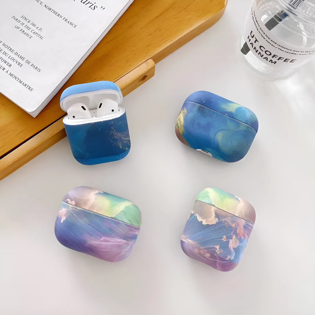 Pink and blue watercolour hard shell protective case for Apple AirPods Pro, AirPods 1 and AirPods 2 earphones