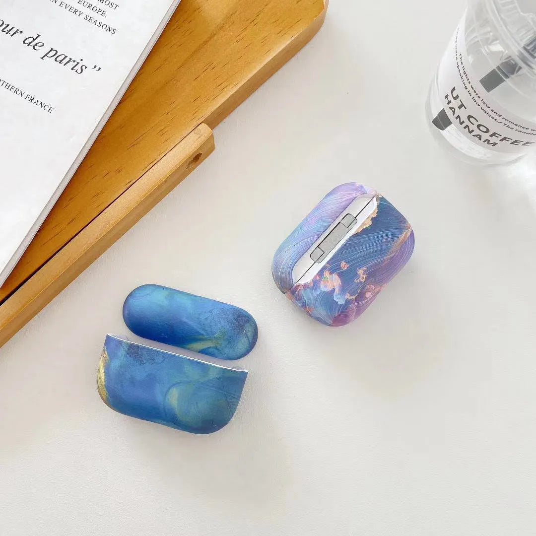 Pink and blue watercolour hard shell protective case for Apple AirPods Pro, AirPods 1 and AirPods 2 earphones