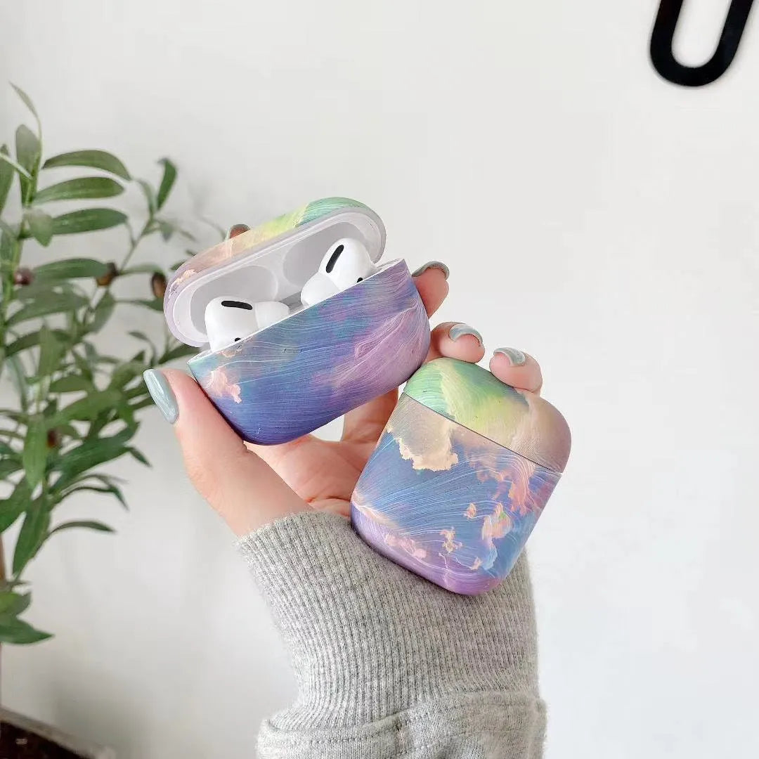 Pink and blue watercolour hard shell protective case for Apple AirPods Pro, AirPods 1 and AirPods 2 earphones