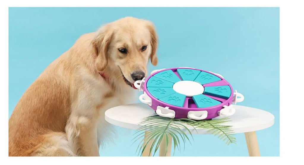 Blue interactive dog puzzle toy with nine compartments and bone covers on a light background