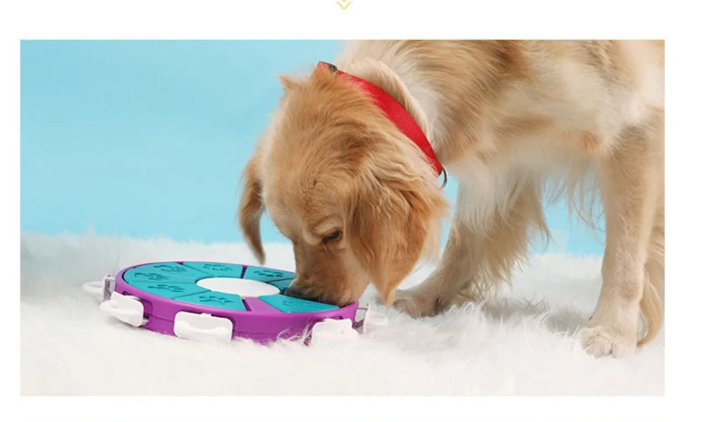 Blue interactive dog puzzle toy with nine compartments and bone covers on a light background