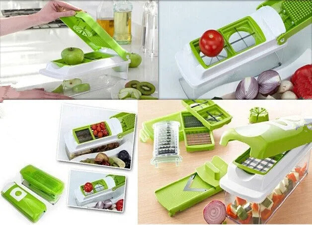 Green manual food chopper with stainless steel blades on a kitchen counter.