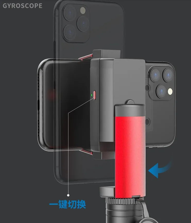 Black aluminium telescopic tripod extended to full height with an iPhone securely clamped for video recording.