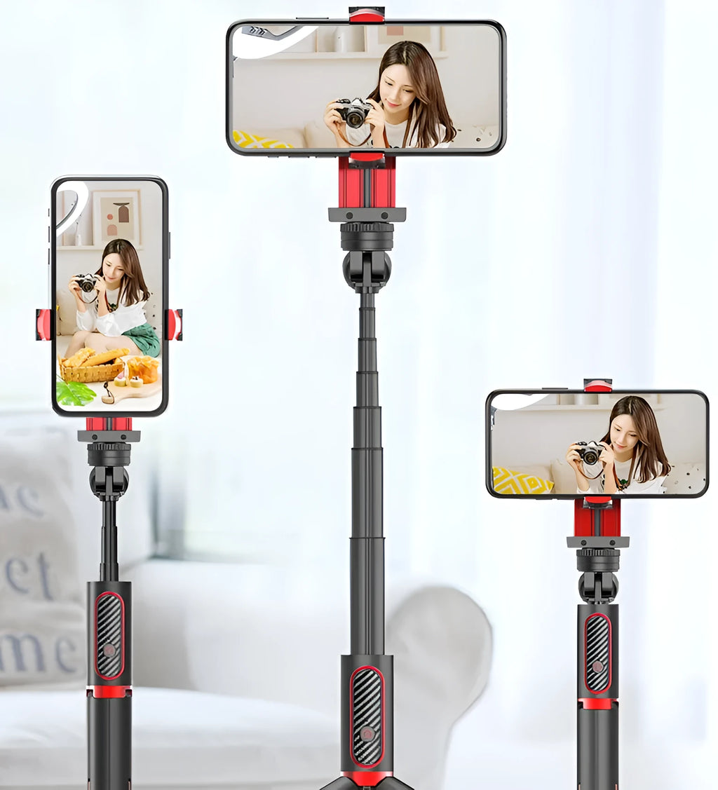 Black aluminium telescopic tripod extended to full height with an iPhone securely clamped for video recording.