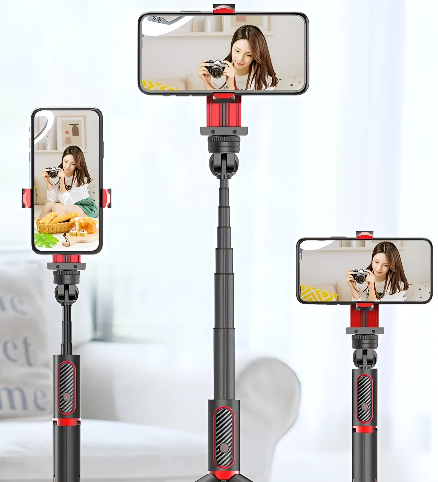 Black aluminium telescopic tripod extended to full height with an iPhone securely clamped for video recording.