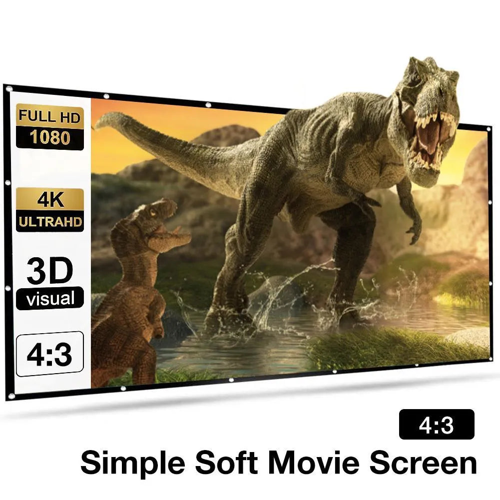 White polyester folding projection screen showing 150-inch diagonal measurement and 4:3 aspect ratio