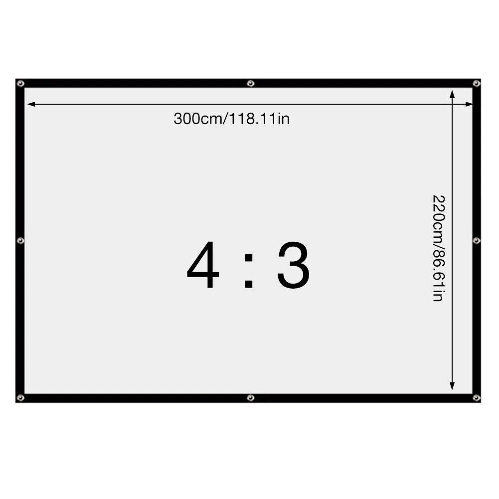 White polyester folding projection screen showing 150-inch diagonal measurement and 4:3 aspect ratio
