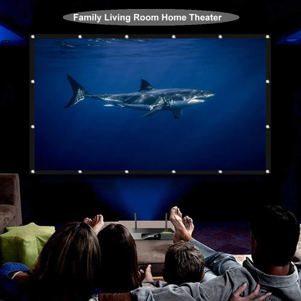 White polyester folding projection screen showing 150-inch diagonal measurement and 4:3 aspect ratio