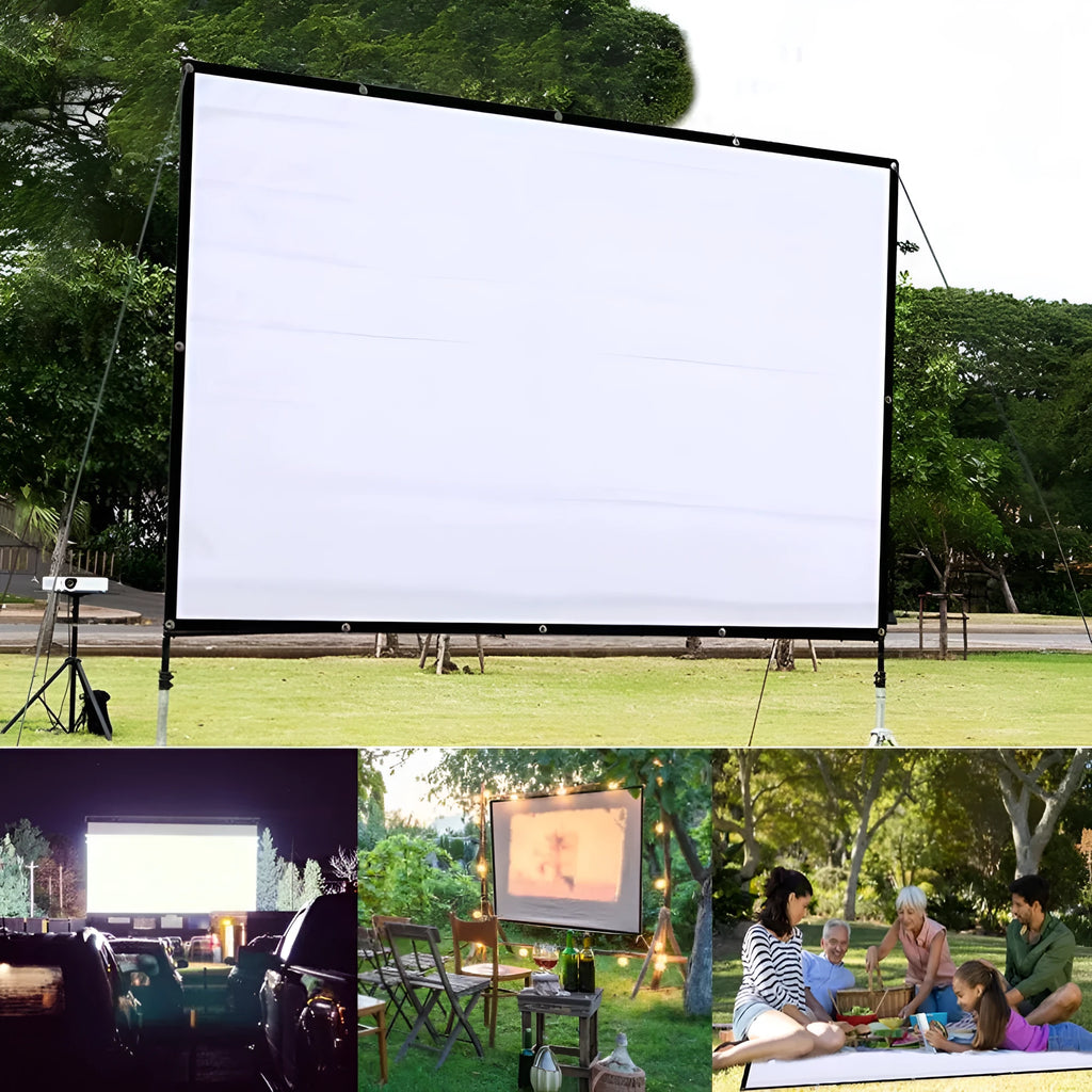 White polyester folding projection screen showing 150-inch diagonal measurement and 4:3 aspect ratio