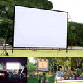 White polyester folding projection screen showing 150-inch diagonal measurement and 4:3 aspect ratio