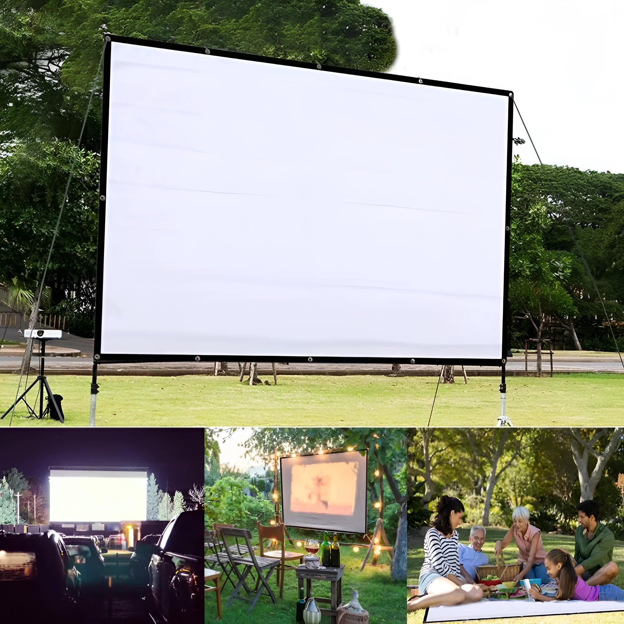 White polyester folding projection screen showing 150-inch diagonal measurement and 4:3 aspect ratio