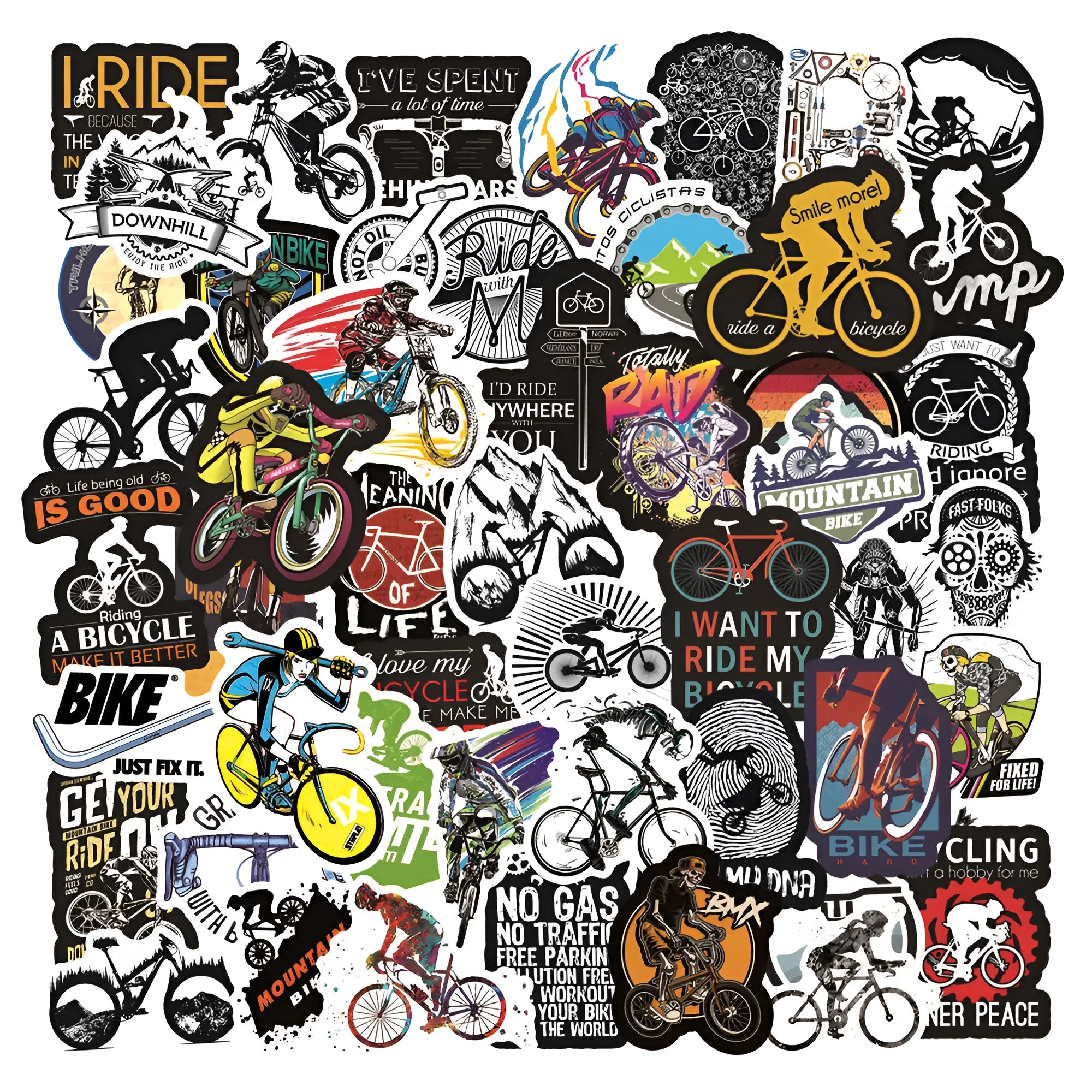 Pack of self-adhesive bicycle doodle stickers for mountain bike and MTB customisation.