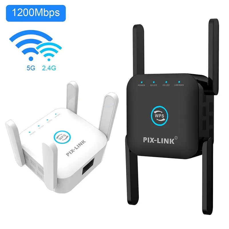 PIXLINK AC24 white and black dual band wireless WiFi extender router with lightning protection