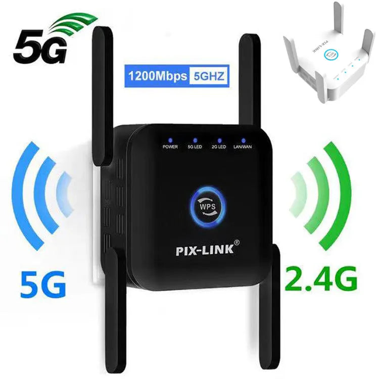 PIXLINK AC24 white and black dual band wireless WiFi extender router with lightning protection