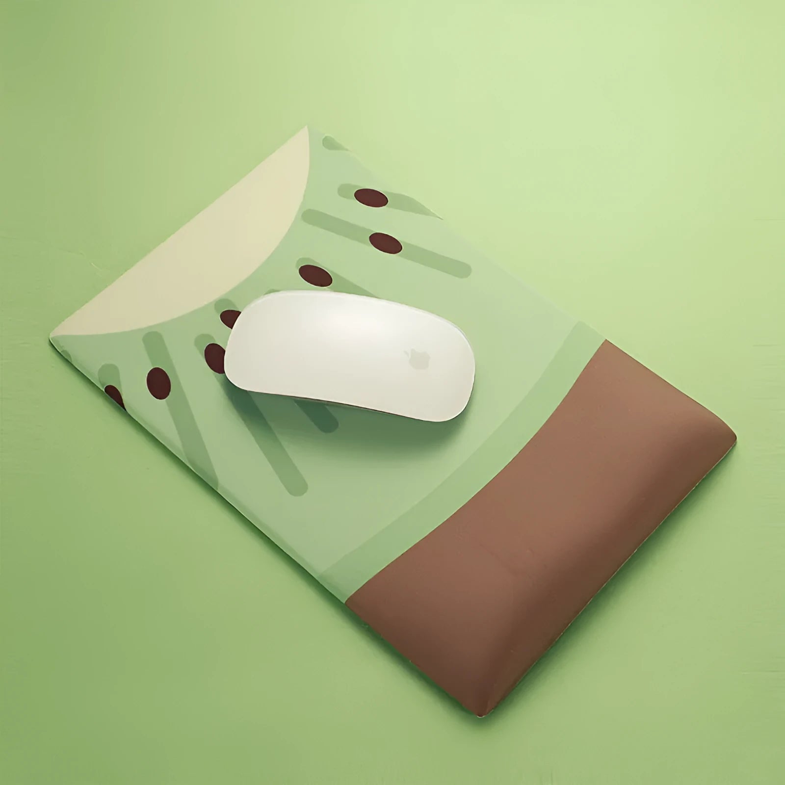 Green kiwi fruit design on a grey cloth wrist support mouse pad with thick silicone base.