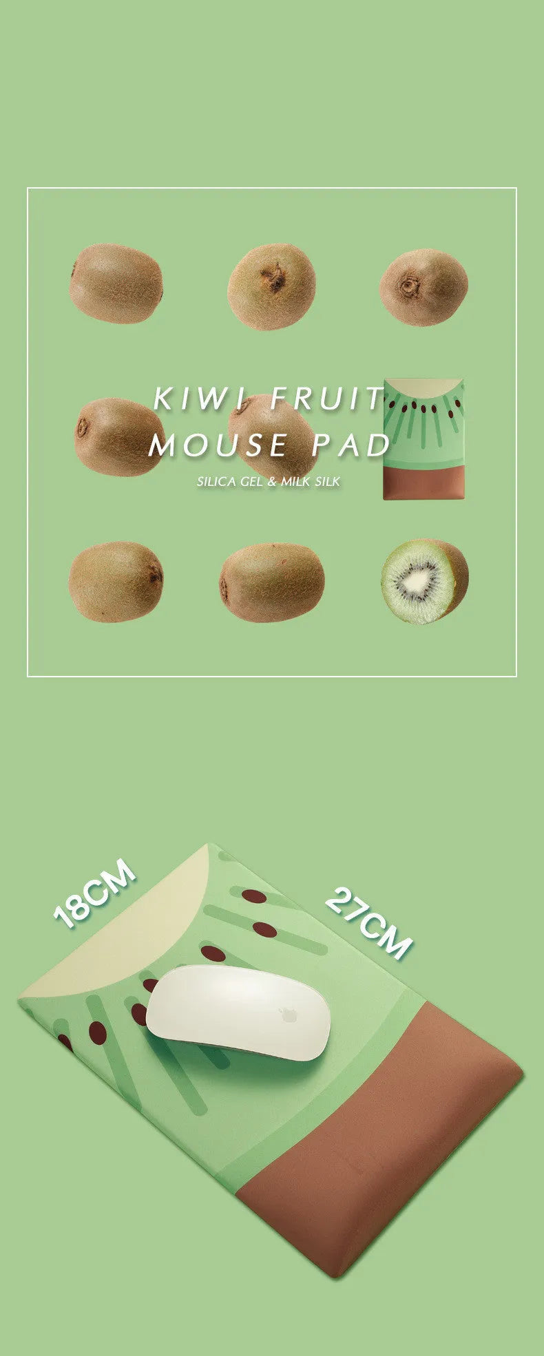 Green kiwi fruit design on a grey cloth wrist support mouse pad with thick silicone base.