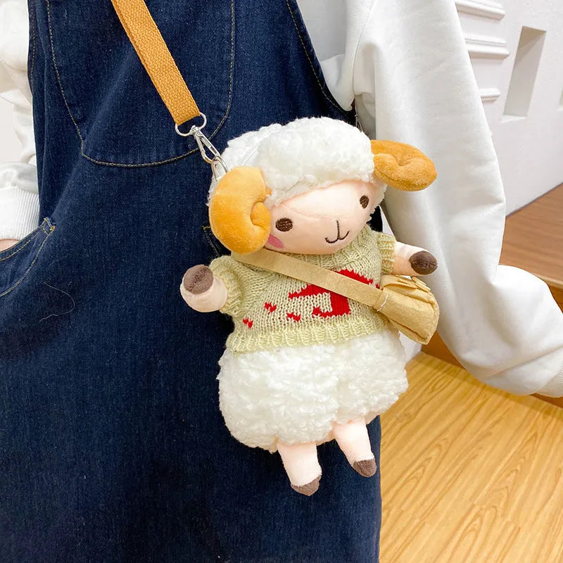 Little Sheep plush crossbody bag in blue with square shape and lamb pattern