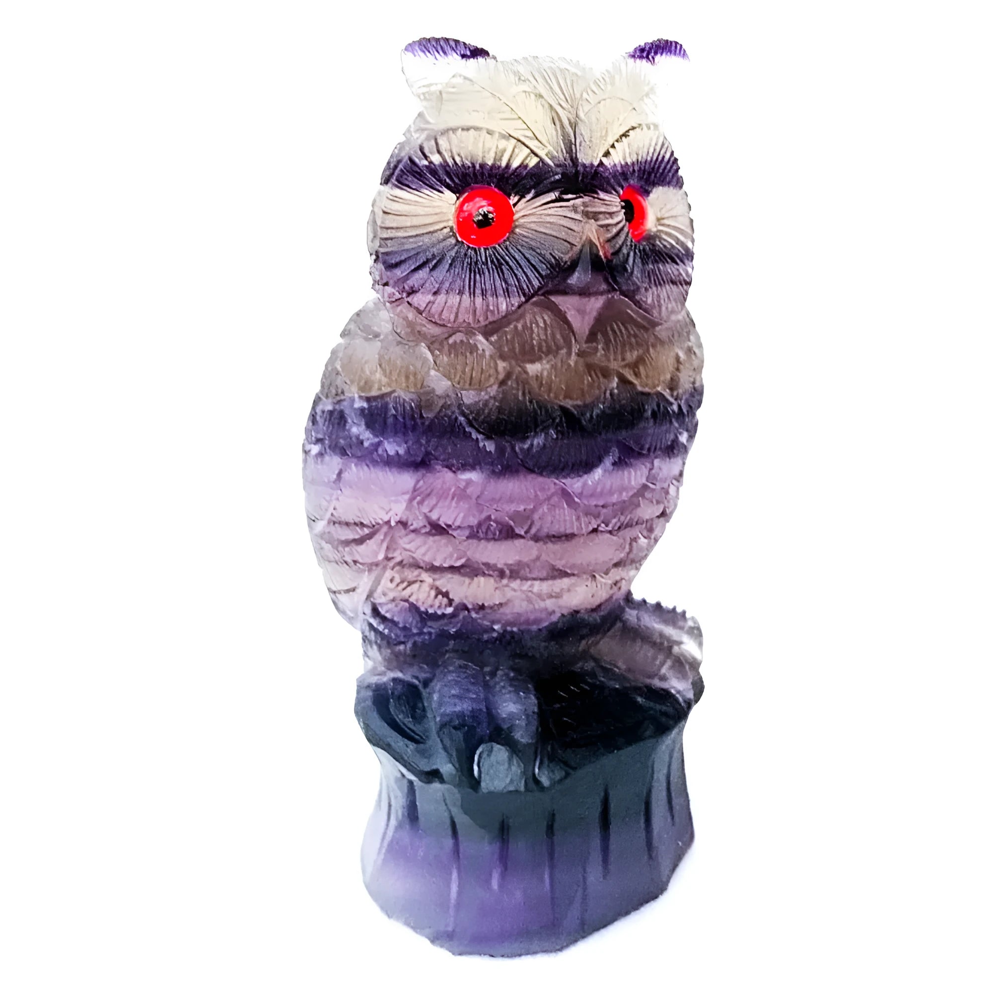Hand-carved purple fluorite owl ornament on a neutral background, showing natural stone colour and texture.