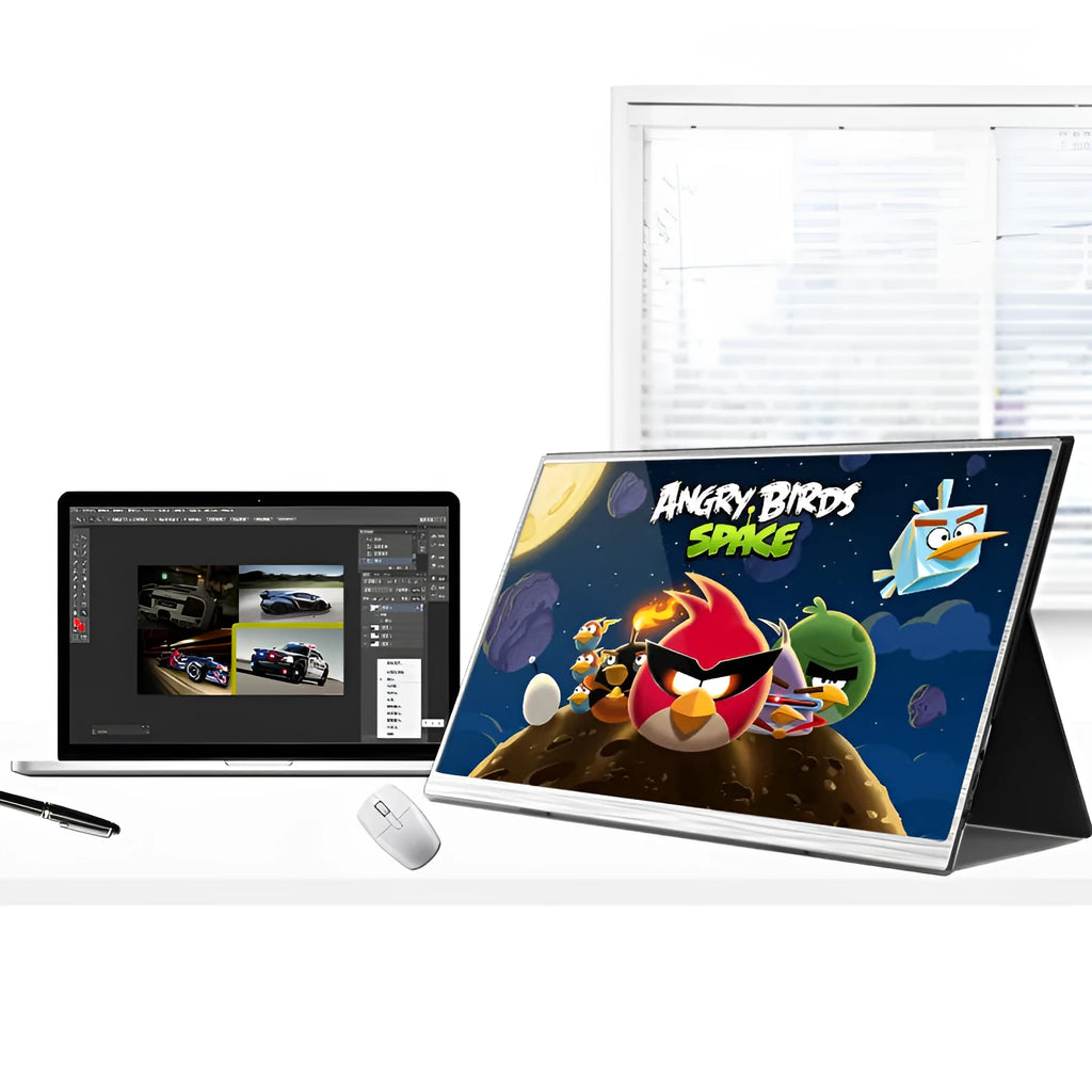 15-inch portable IPS monitor on a desk with HDMI and USB cables