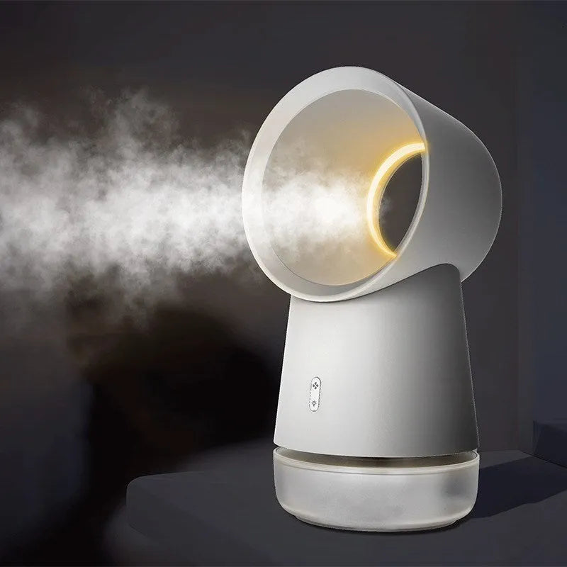 White desktop humidifier with leafless fan and night light on a wooden desk